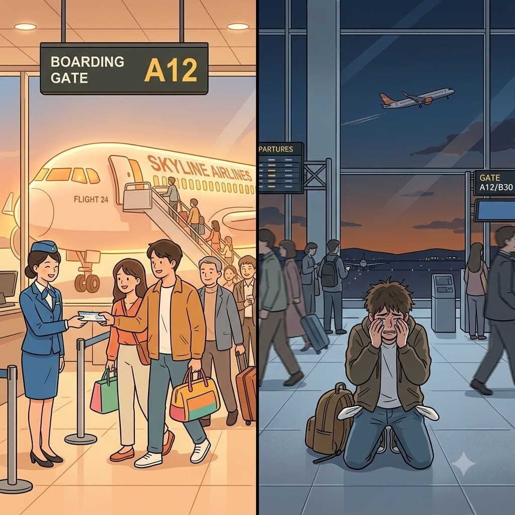 "내 플라이트(flight)를 놓쳤어!" 지갑과 비행기 표를 잃어버린 여행객은 심각한 곤경(plight)에 처했다.