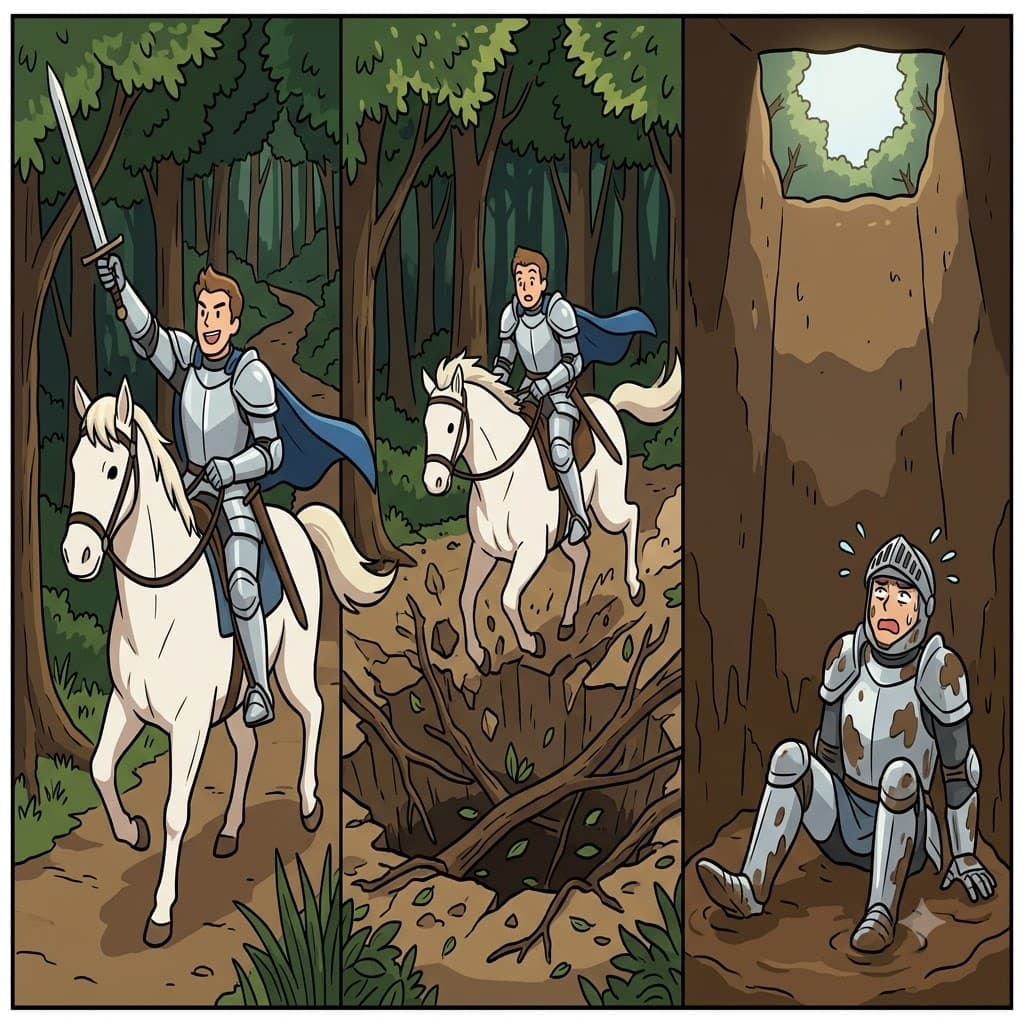 무겁게 무장한 용감한 기사(knight)는 깊은 함정에 빠져, 희망 없는 곤경(plight)에 완전히 갇혔다.