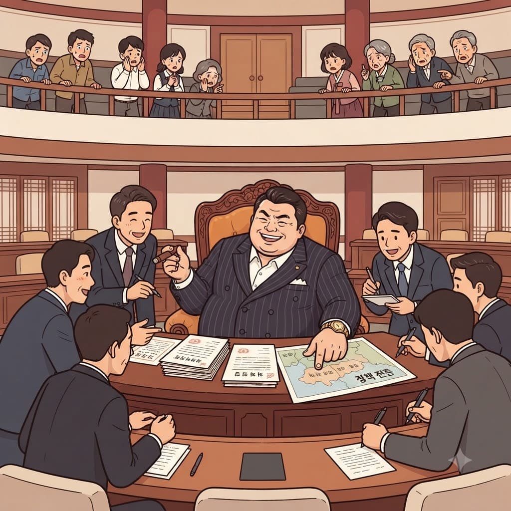 시민들은 도시에서 가장 부자인 사람이 모든 정치적 결정을 좌우하자 “플루토가 정치해!”라고 농담했다. (plutocracy → “플루토가 정치해!” → 플루토(부의 신)가 정치권력을 잡음 → 부자가 정치함)