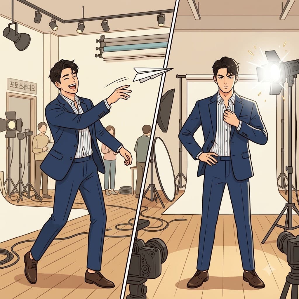 "포즈(poise) 드(d)디어 잡았네!" 카메라가 켜지자, 장난치던 모델은 즉시 촬영 태세를 갖추었다(poised).