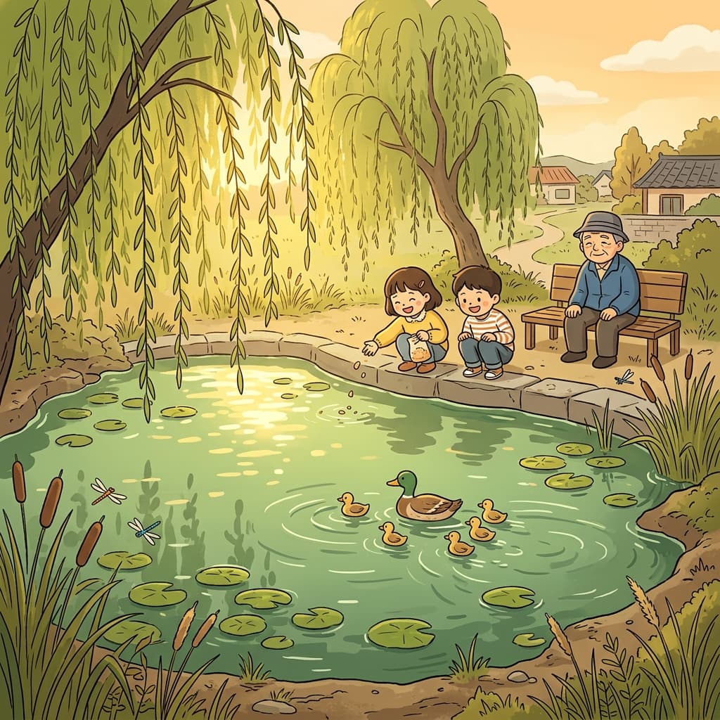 아이들이 연못에 빵 부스러기를 던지자 오리들이 신나게 헤엄쳐 온다.