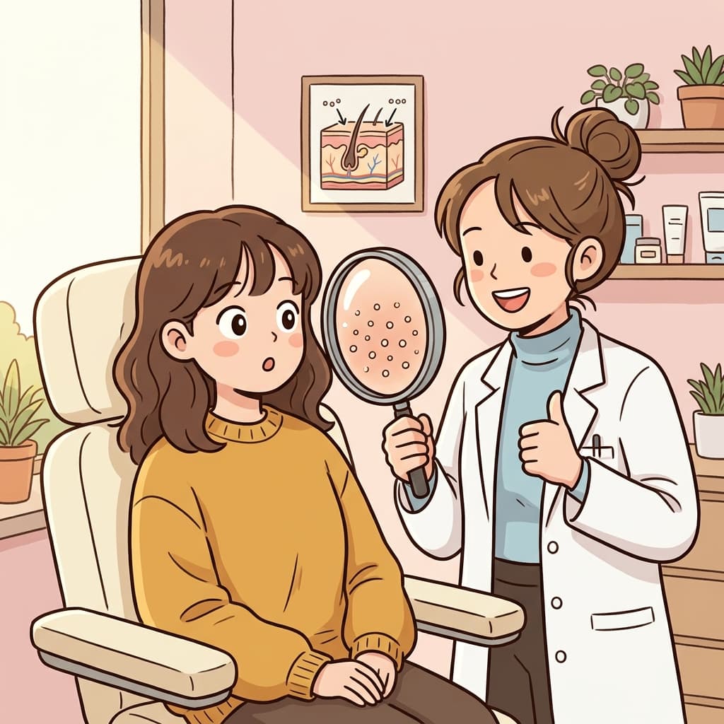 확대경으로 보니 피부 모공 하나하나가 다 보인다.