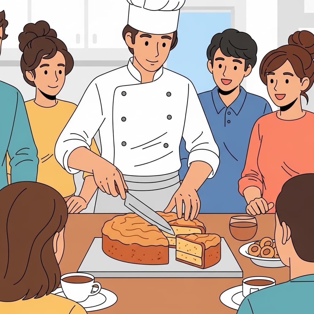 제빵사는 케이크를 모두가 나눠 먹을 수 있도록 여러 몫으로 자른다.