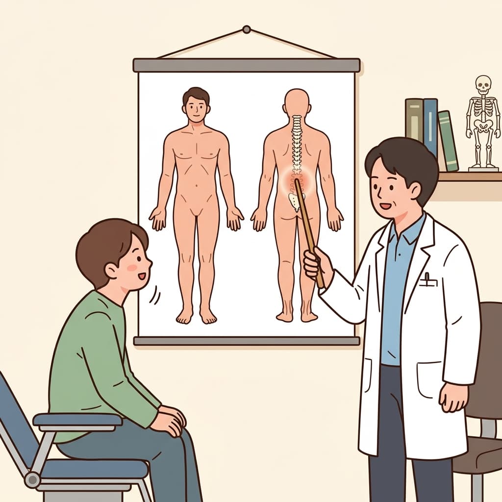 의사가 척추의 뒤쪽 부분을 짚으며 설명한다.