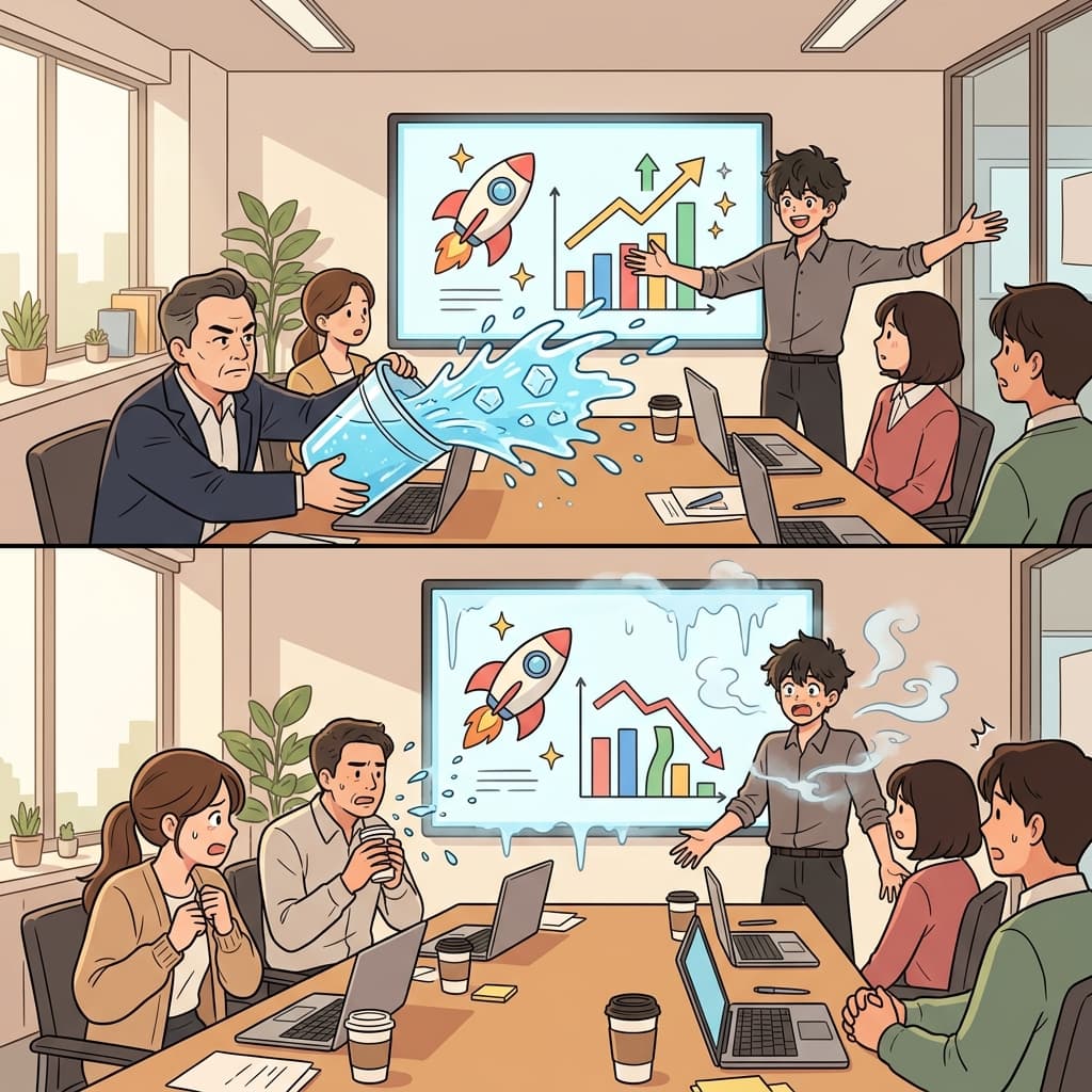 팀 회의에서 그의 창업 아이디어에 상사가 찬물을 끼얹었다.