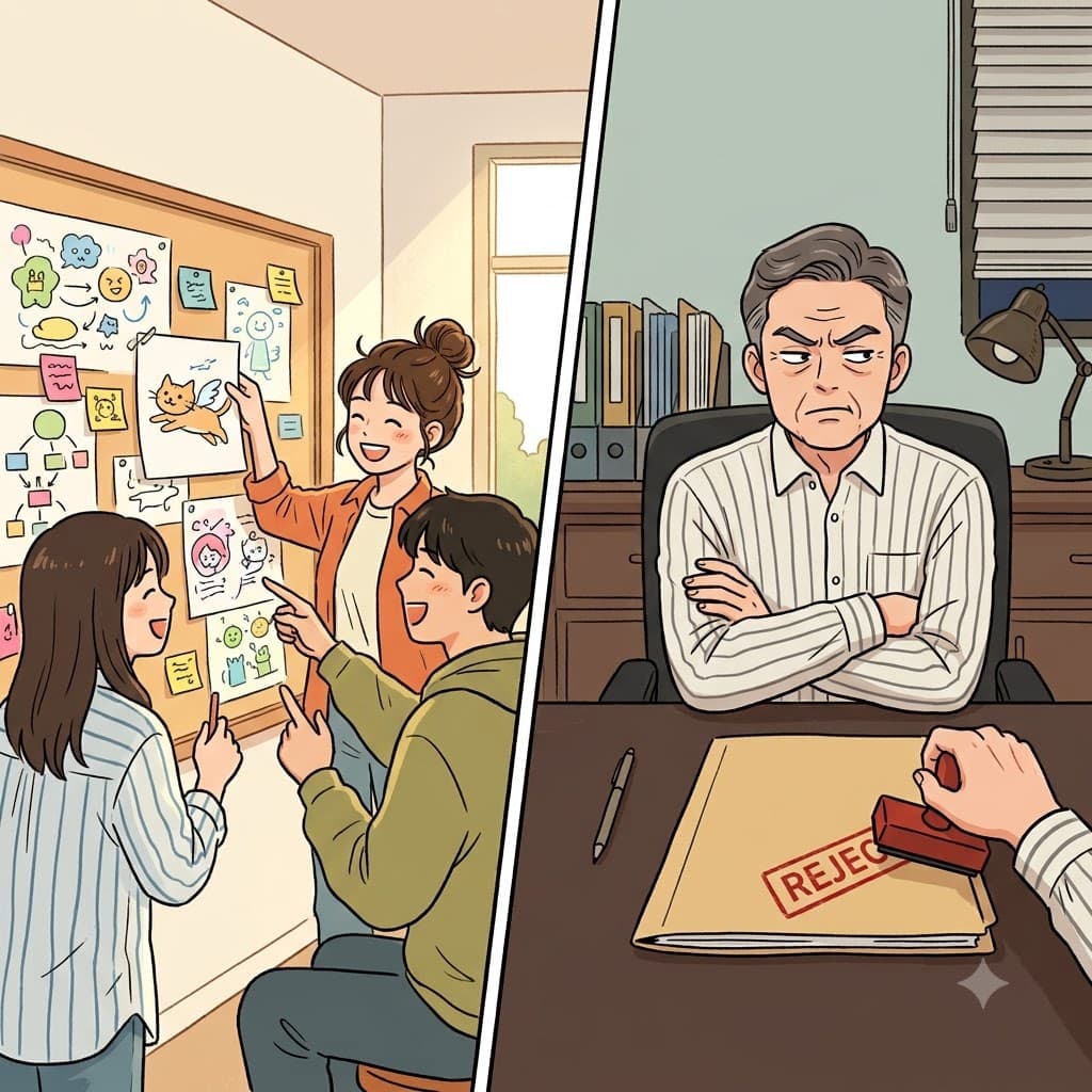 "시작하기도 전에 아이디어를 가두지 마!" 감독은 예술 스타일에 대해 미리 판단하는 것은 해로운 선입견(preconception)일 뿐이라고 경고했다.