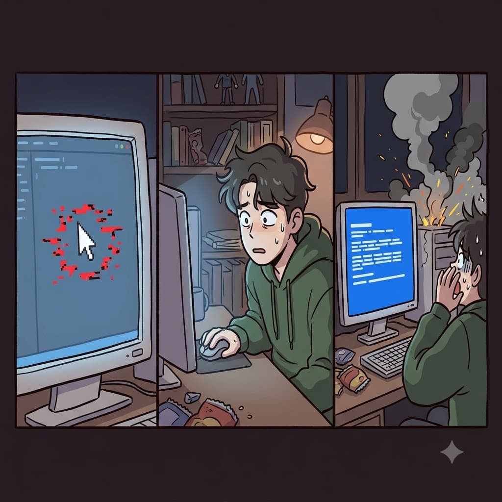 멈춰버린 마우스 커서(cursor)를 응시하며, 그는 그것이 완전한 시스템 충돌의 끔찍한 전조(precursor)임을 깨달았다.