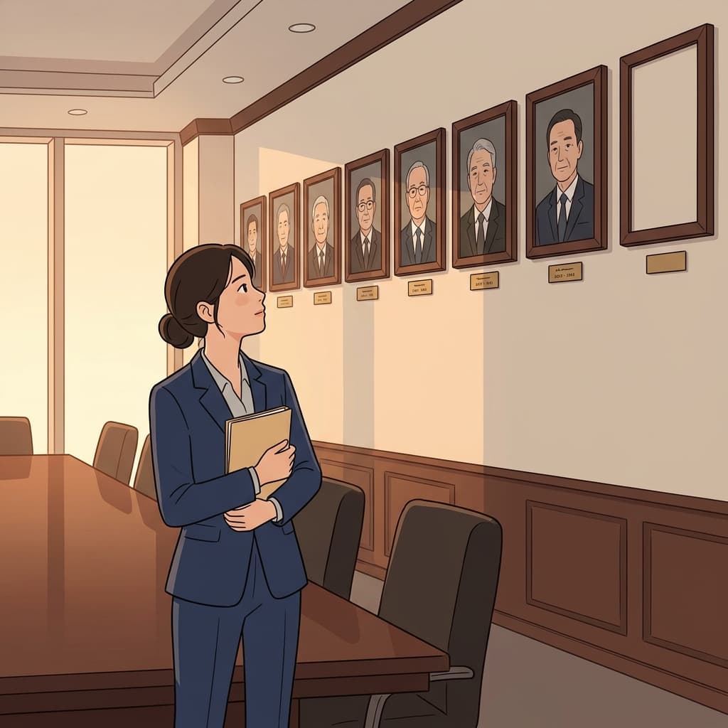 새 CEO가 회의실 벽에 걸린 역대 선임자들의 초상화를 올려다본다.