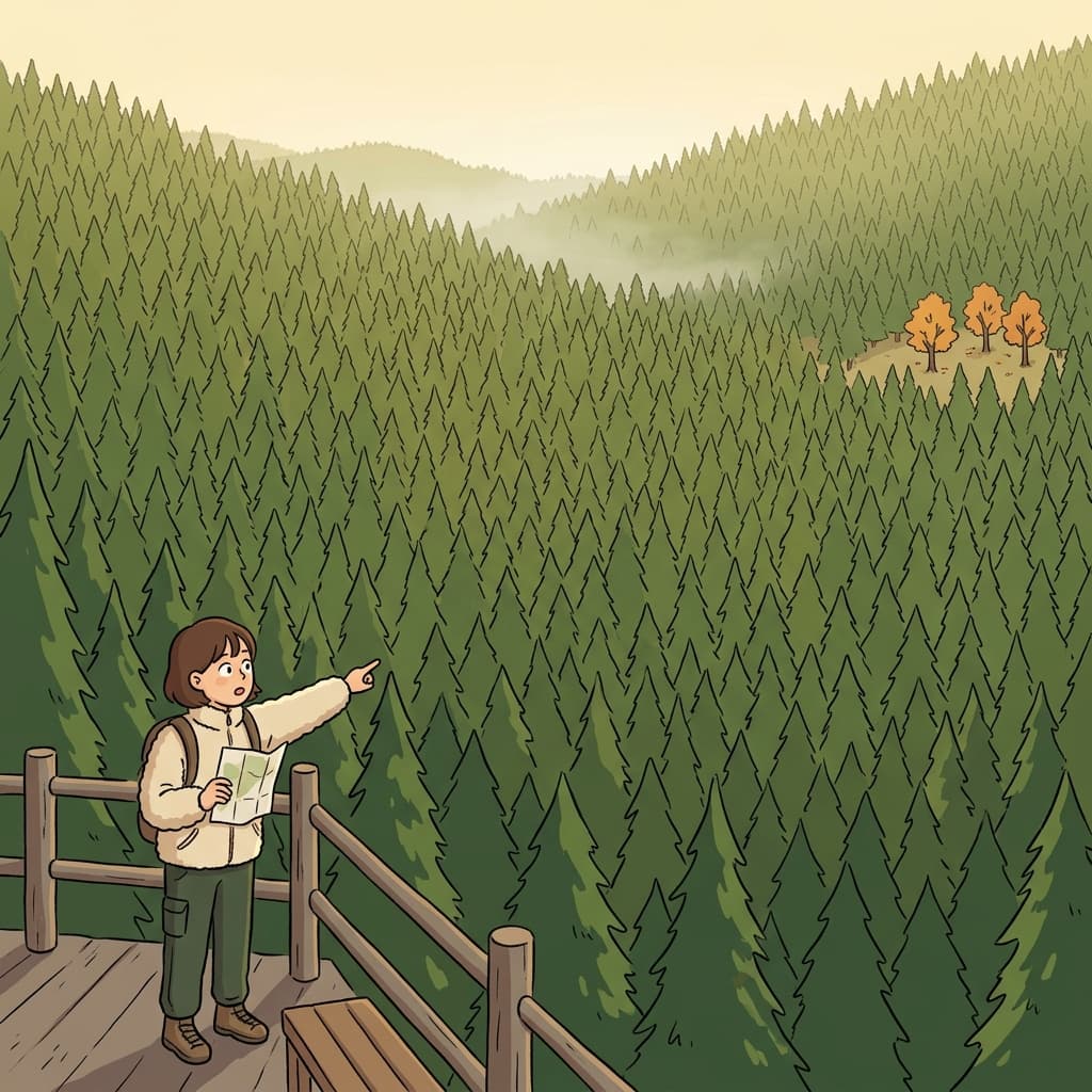 그 숲은 대부분 소나무이고, 가장자리에만 참나무 몇 그루가 있다.