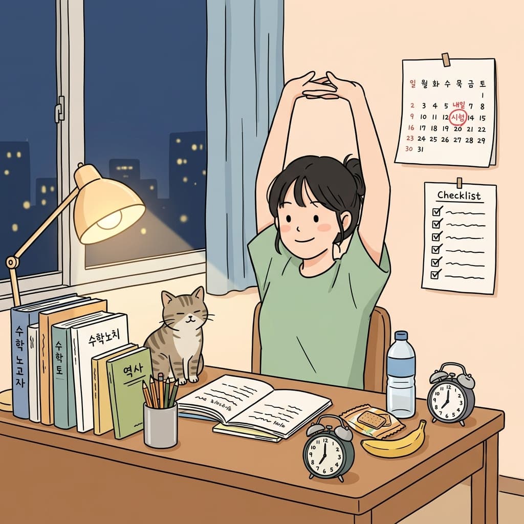 책상에 필기, 간식, 물까지 다 챙겨두고 시험을 기다린다.
