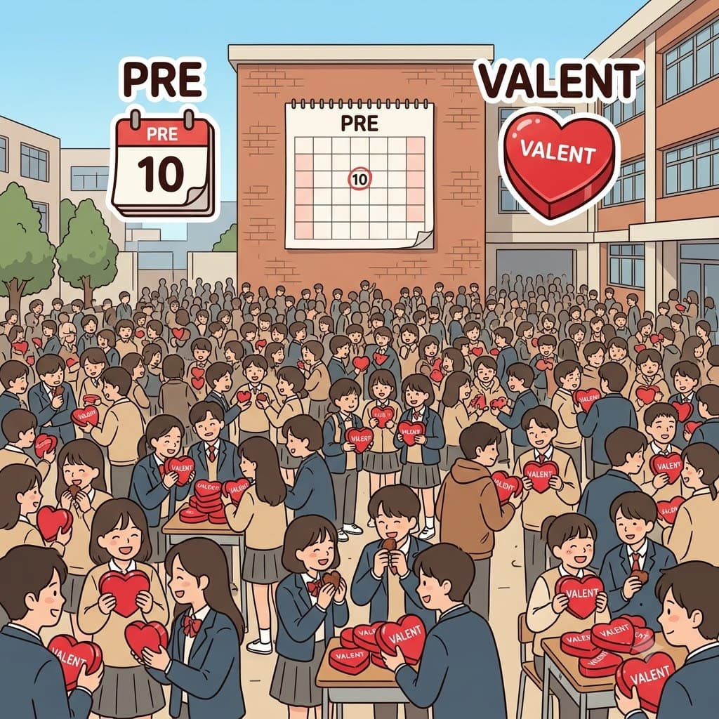PRE(미리) + VALENT(발렌타인) — 발렌타인데이(VALENT) 선물을 미리(PRE) 주는 유행이 학교 전체에 널리 퍼졌다(prevalent).