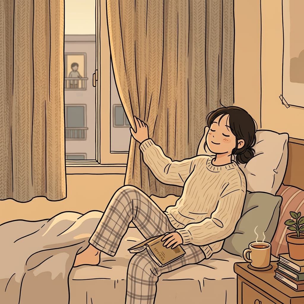 그녀는 커튼을 치고 혼자만의 시간을 즐긴다.