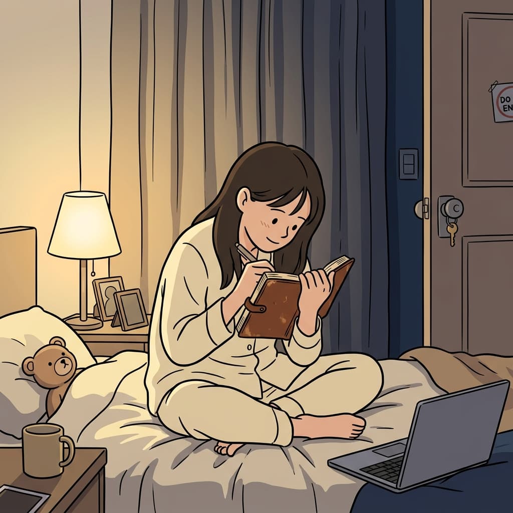 한밤중 잠긴 방에서 혼자만의 일기를 펼친다.