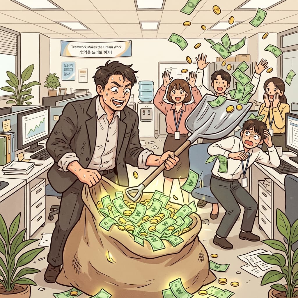 "돈 자루를 팍 풀어서(pros) 맘껏 퍼 쓰라(per-ous)!"라고 소리치며, 미친 사장님은 직원들에게 빛나는 현금을 거칠게 삽으로 퍼부으며 자신이 완벽하게 번창하는(prosperous) 상태임을 과시했다.