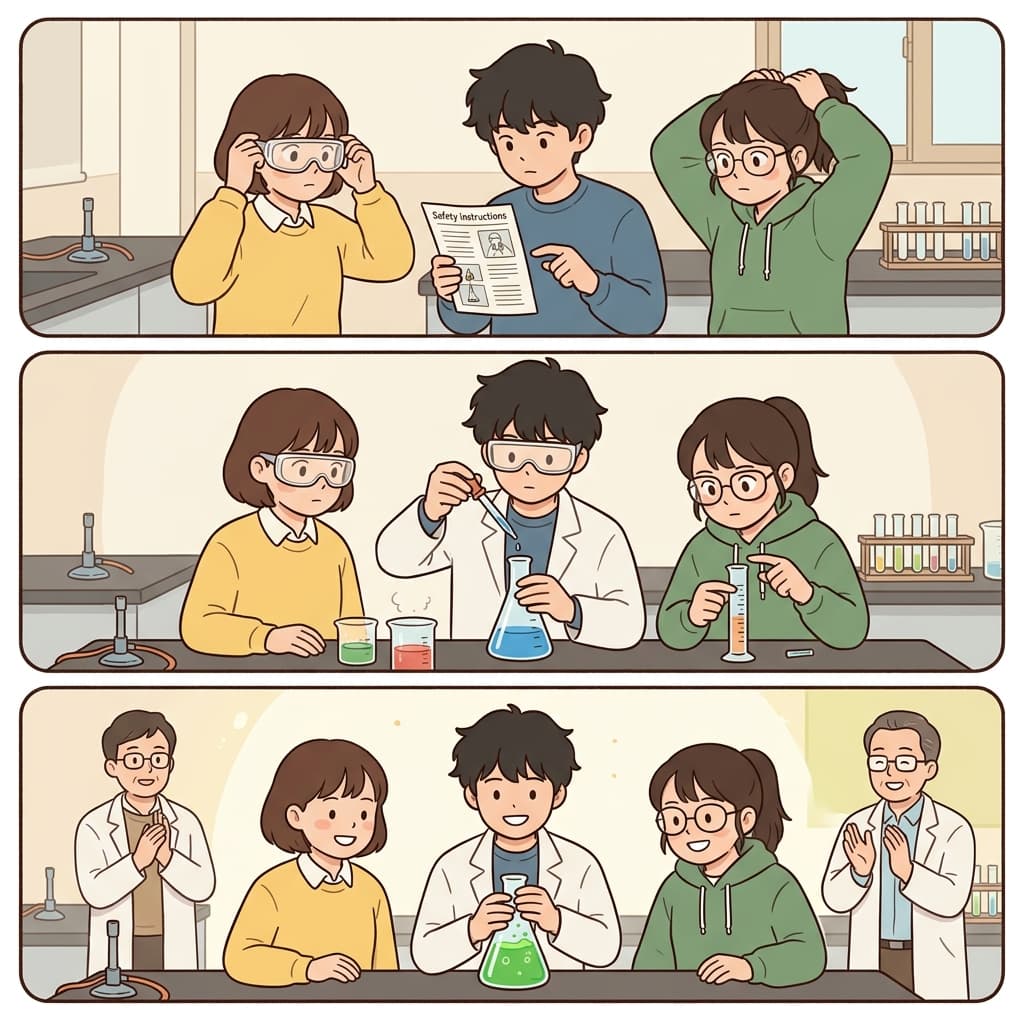 학생들은 과학 실험에서 신중함을 보였고, 실험을 성공적으로 마친 뒤 자신감을 얻었다.