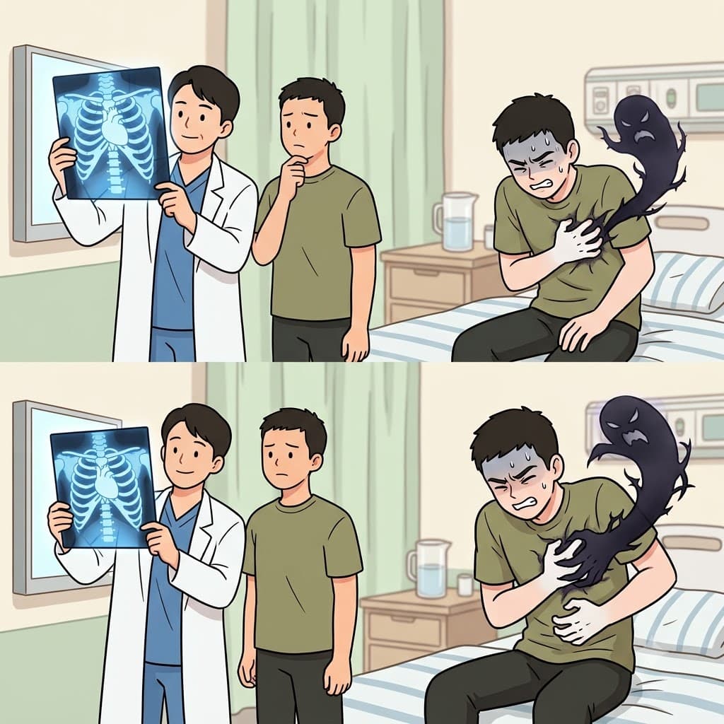 엑스레이는 아무런 생물학적인(biological) 손상을 보여주지 않았고, 깊은 가슴 통증이 전적으로 심리적인(psychological) 것임을 증명했다.