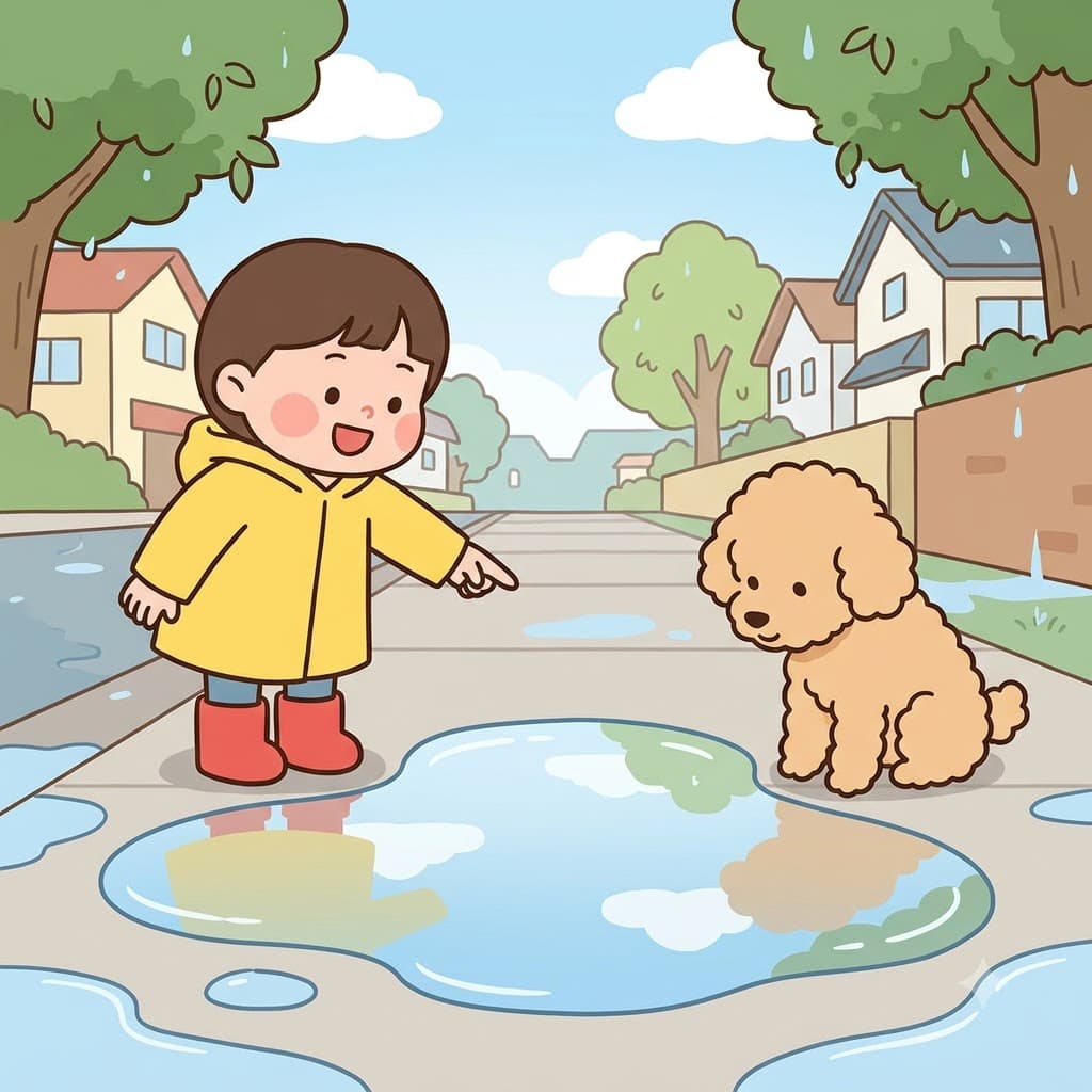 아이가 강아지가 물웅덩이를 뛰어넘자 “푸들이 아니고 퍼들!”이라며 웃었다. (푸들(poodle)처럼 들리지만 puddle(퍼들)은 물웅덩이다.)