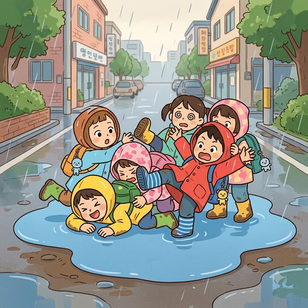 아이들은 물웅덩이(puddle) 주변에 모여(huddle) 있었지만, 모두 한꺼번에 뛰어넘으려다 뒤엉켜(muddle) 버렸다.