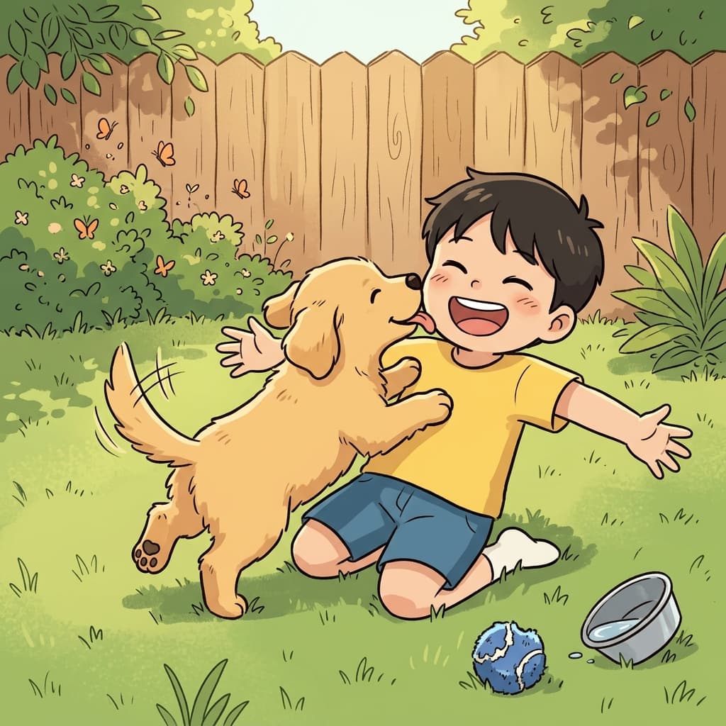 강아지가 꼬리를 흔들며 아이 얼굴을 핥는다.