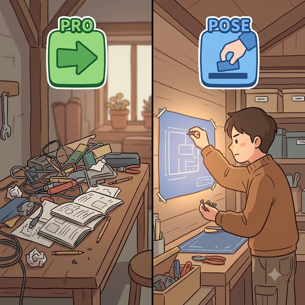 PRO (앞으로) + POSE (놓다/위치시키다) — 설계도 위에 자신의 목표를 앞으로(PRO) 놓기로(POSE) 적극적으로 선택함으로써, 디자이너는 주요 목적(purpose)을 설정했다.
