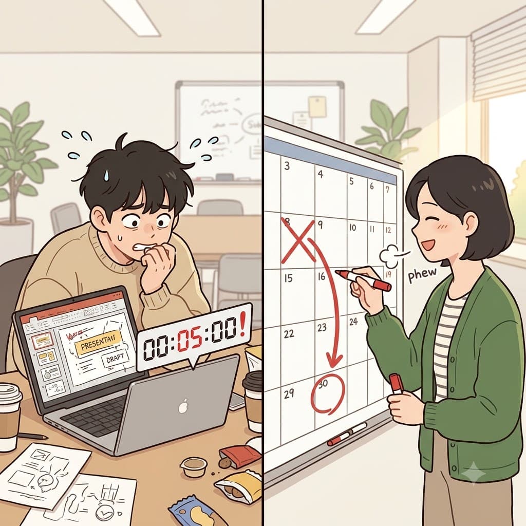 한 팀원이 미완성 보고서를 서둘러 제출하려 했던 반면, 프로젝트 리더는 달력의 마감일을 2주 뒤로 미루기로(push back) 결정했다.