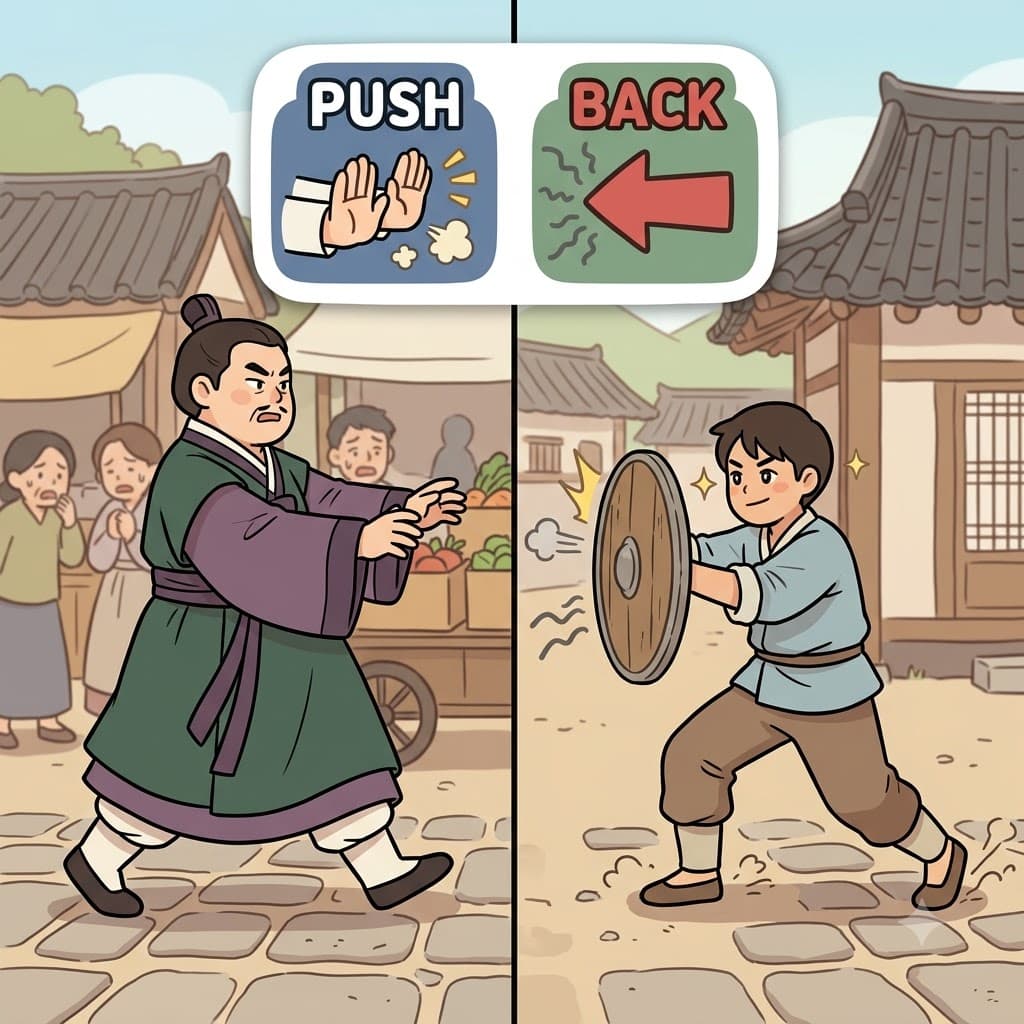 PUSH (힘을 가하다) + BACK (되받아쳐) — 침입자들에 맞서 나무 방패로 힘껏 밀쳐냄(PUSH)으로써(BACK), 마을 사람들은 거세게 반발했다(push back).