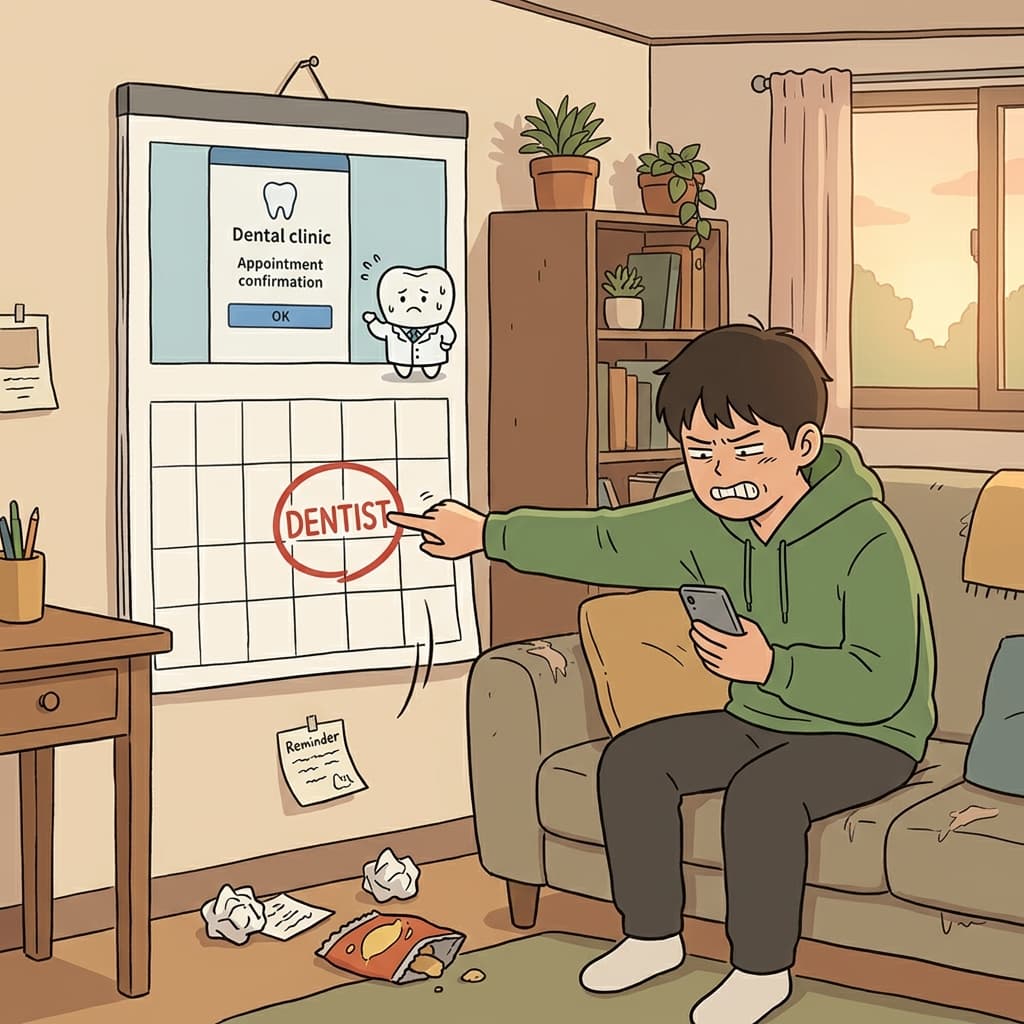 그는 치과 예약을 또 다음 주로 미뤘다.