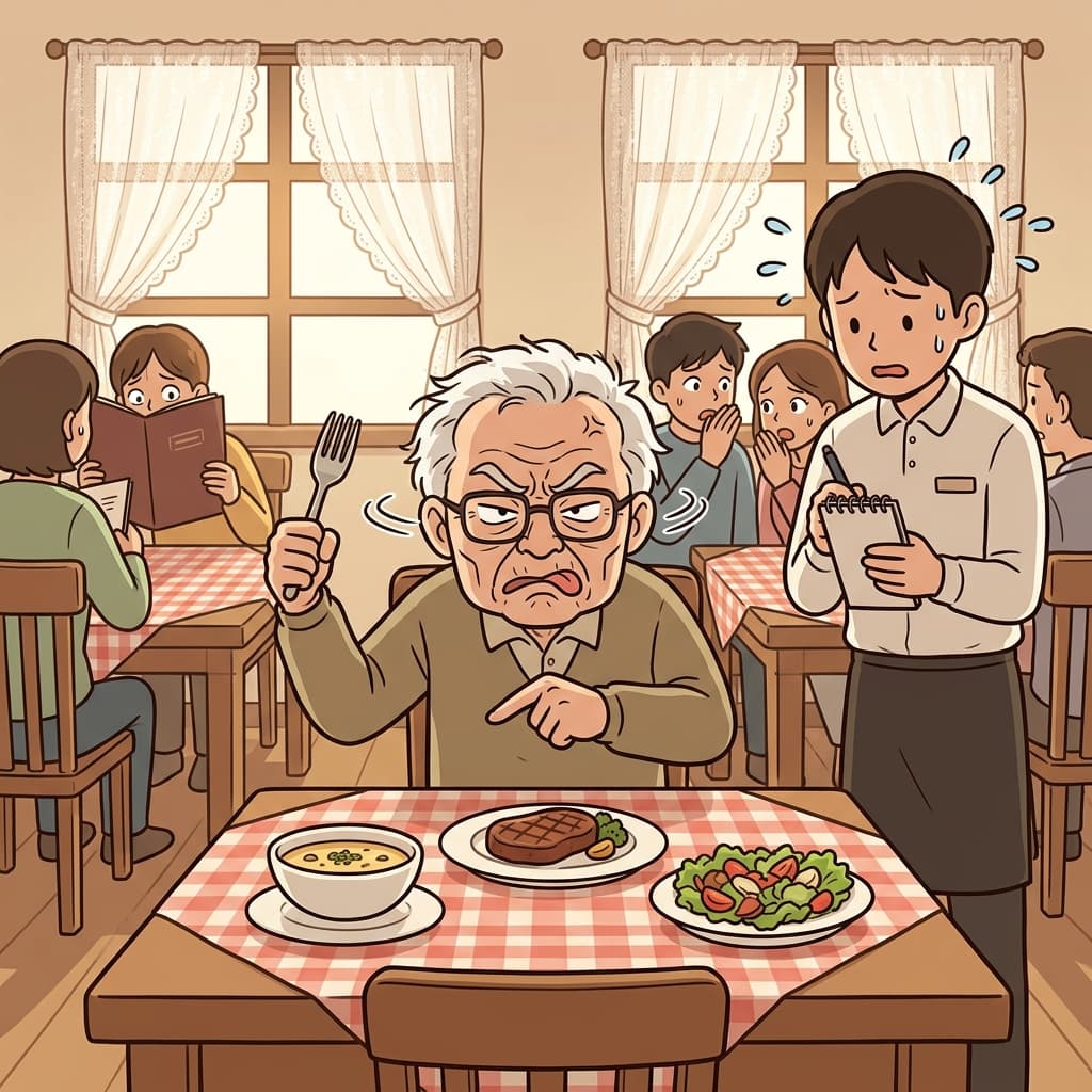 그 까다로운 노인은 나오는 요리마다 불평했다.
