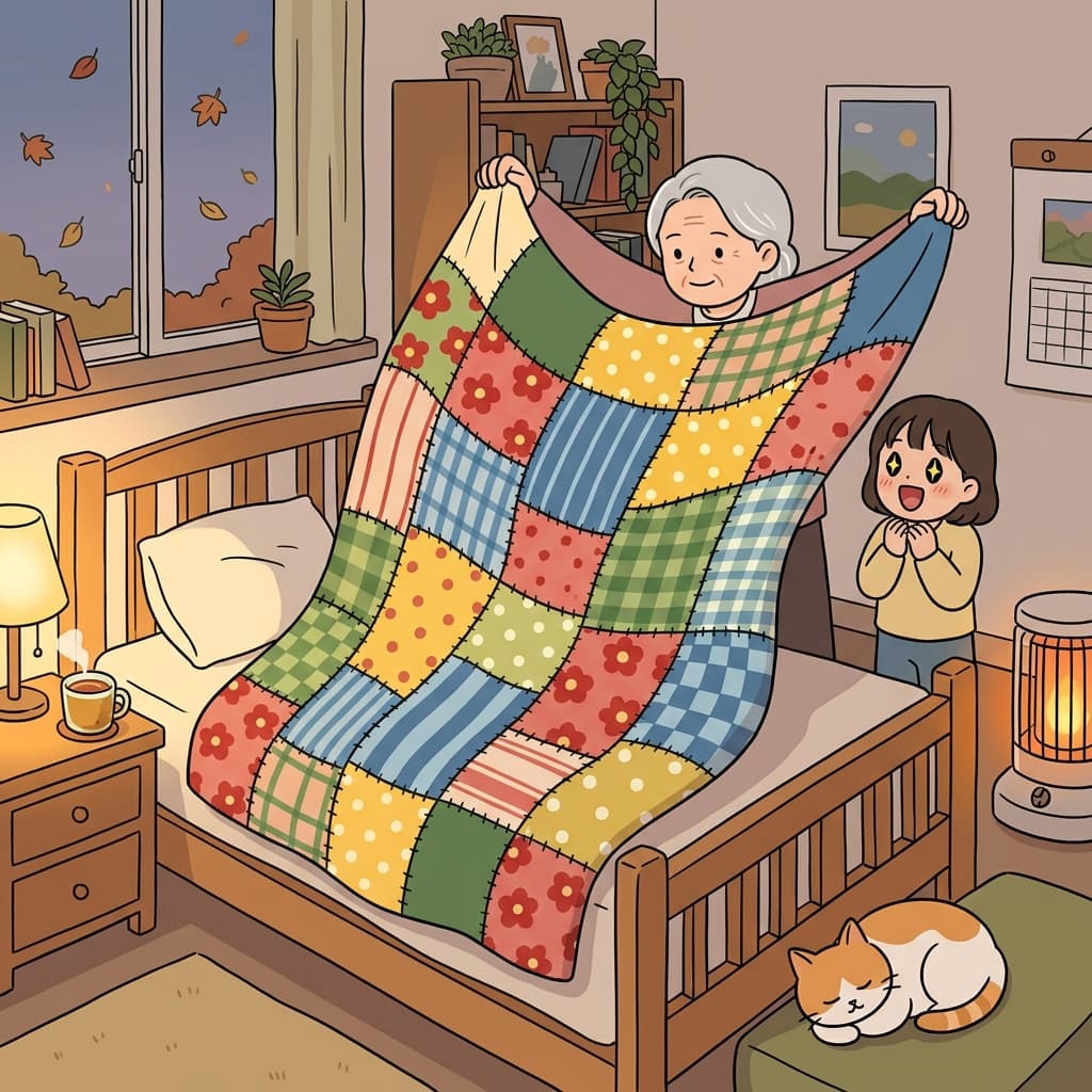 할머니가 쌀쌀한 저녁, 알록달록한 조각보 이불을 침대 위에 펼친다.