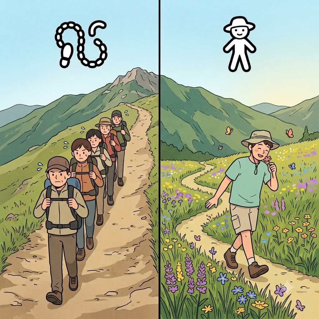 RAMBLE(거닐다) + ER(사람) — 목적지 없이 이리저리 거니는(RAMBLE) 사람(ER)으로 행동하며, 그는 진정한 산의 산책객(rambler)이 되었다.