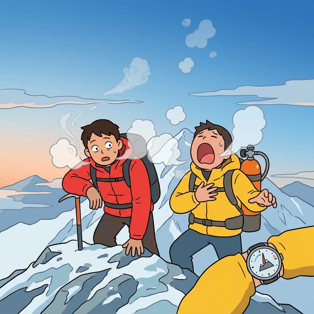 정상에 가까워질수록 공기가 희박해져 등반가들이 숨을 헐떡였다.