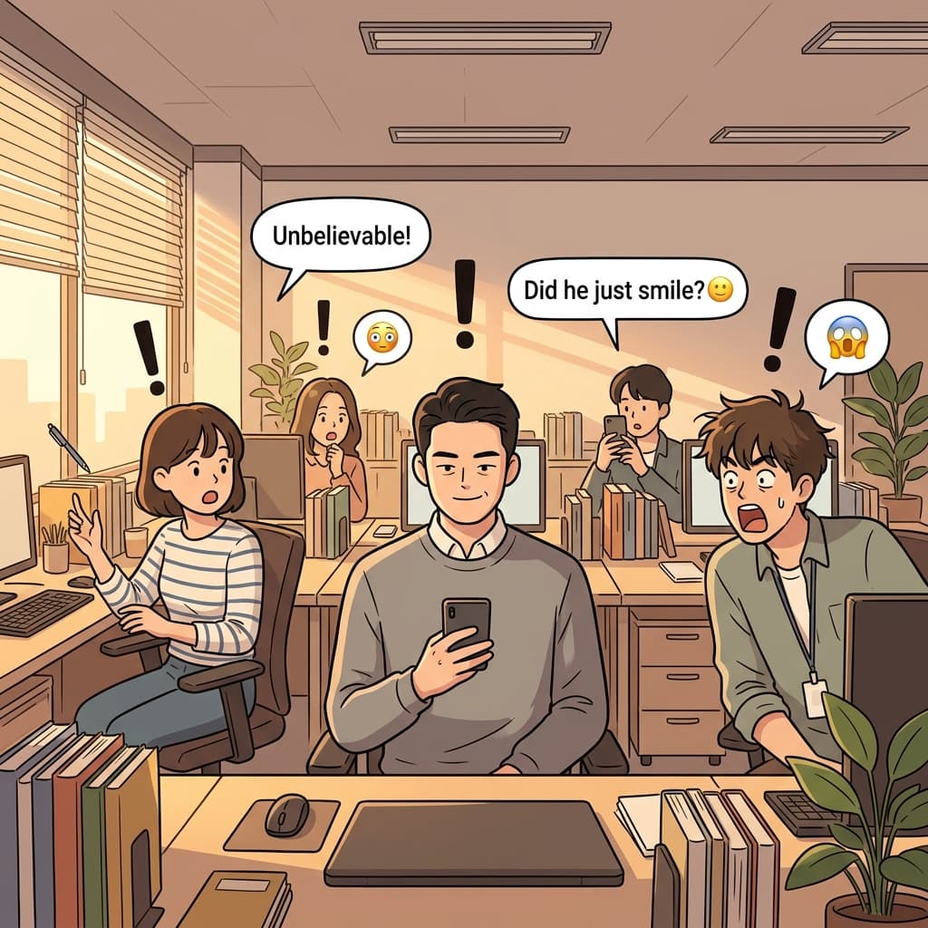 그가 웃는 일이 워낙 드물어서, 한번 웃으면 다들 쳐다본다.