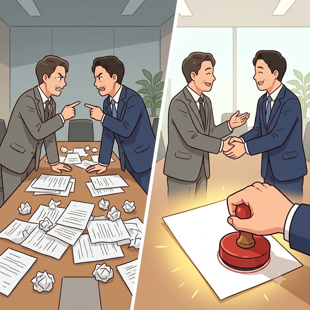 오랜 시간의 분노 어린 토론 끝에, 두 지도자는 마침내 문서에 서명하여 평화 조약을 완전히 비준했다(ratify).