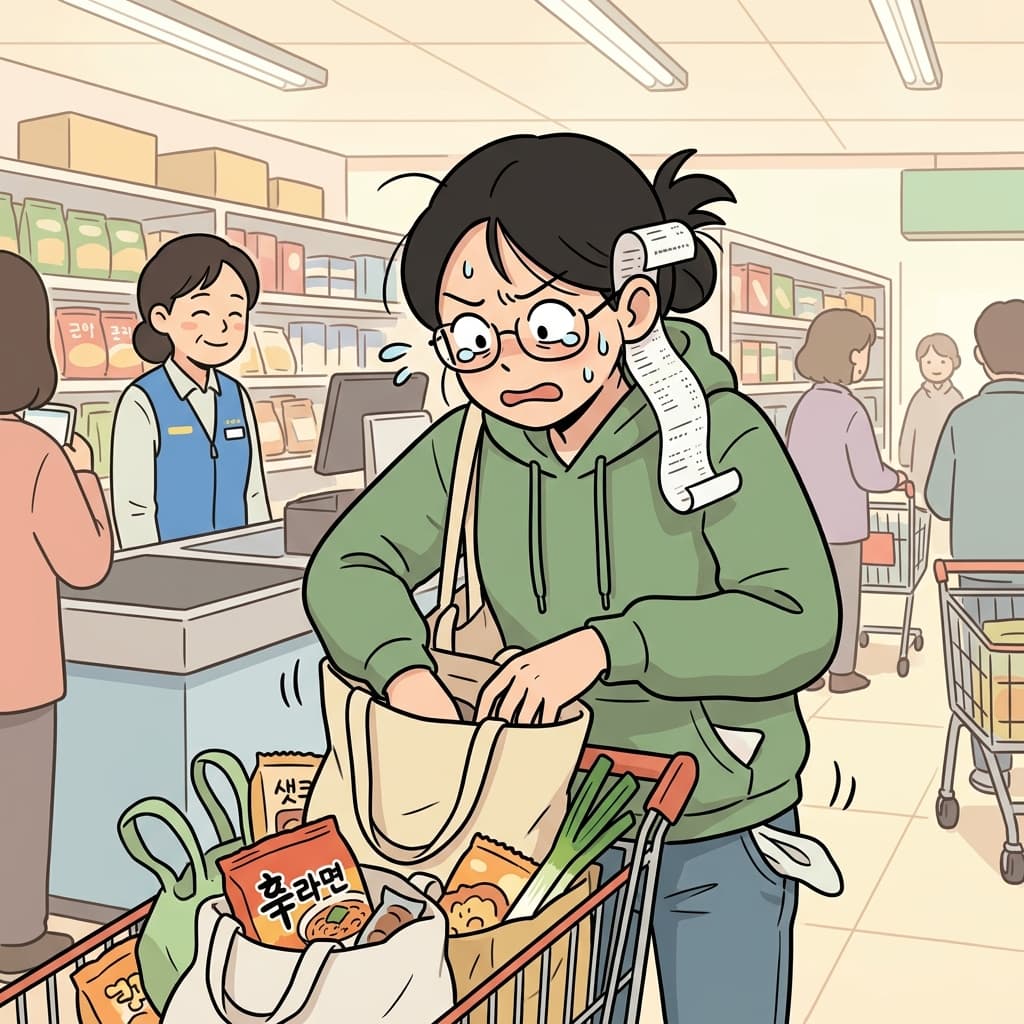 그녀는 쇼핑 후 잃어버린 영수증을 찾기 위해 여기저기 뒤졌다. (리싯 → “돈을 receive(받고) 남기는 종이 느낌”)
