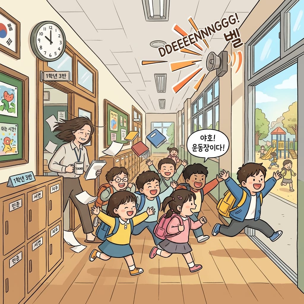 종이 울리자 아이들이 쉬는 시간이라며 운동장으로 우르르 몰려나간다.