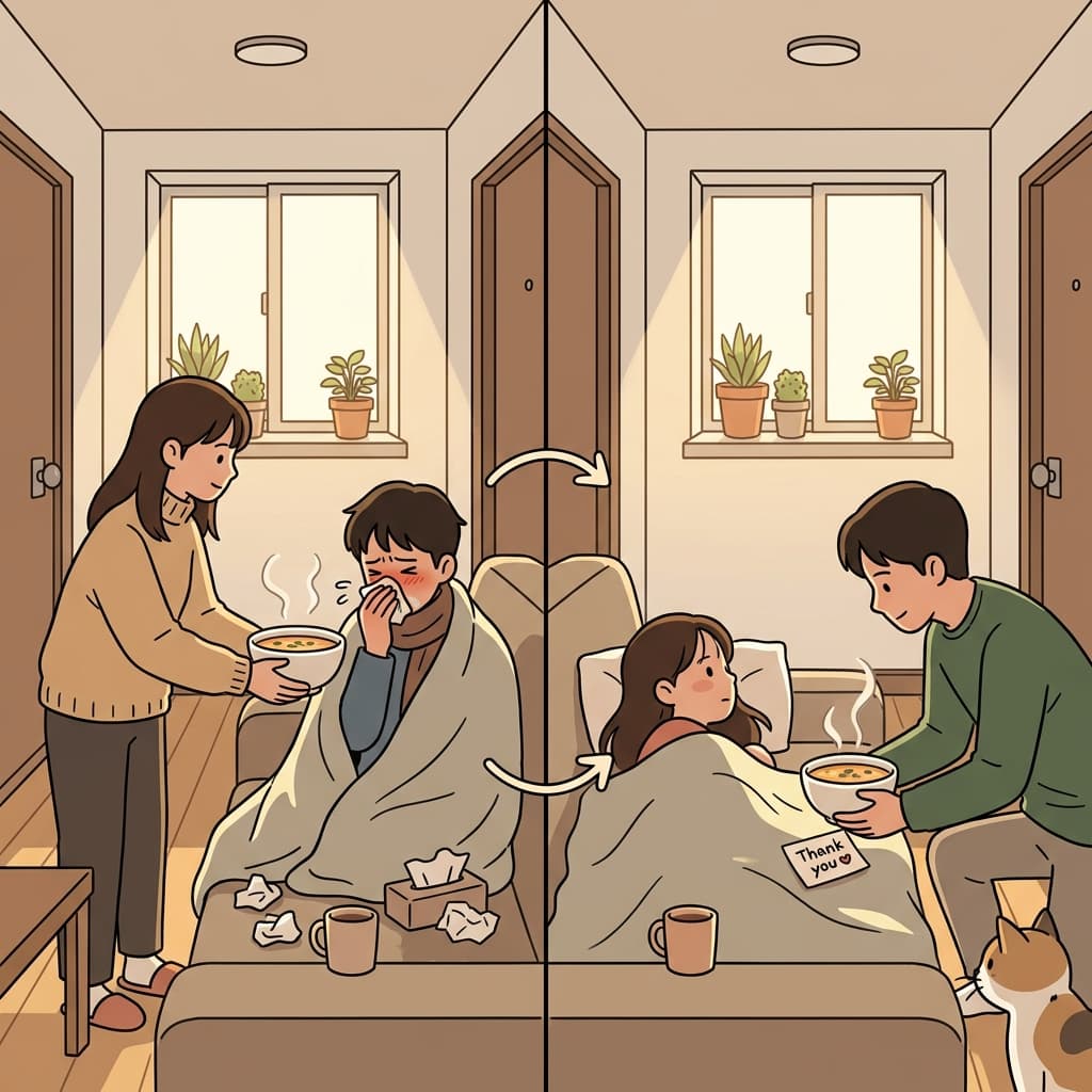 그녀가 아플 때 수프를 가져다줬더니, 그가 감기 걸렸을 때 똑같이 해줬다.