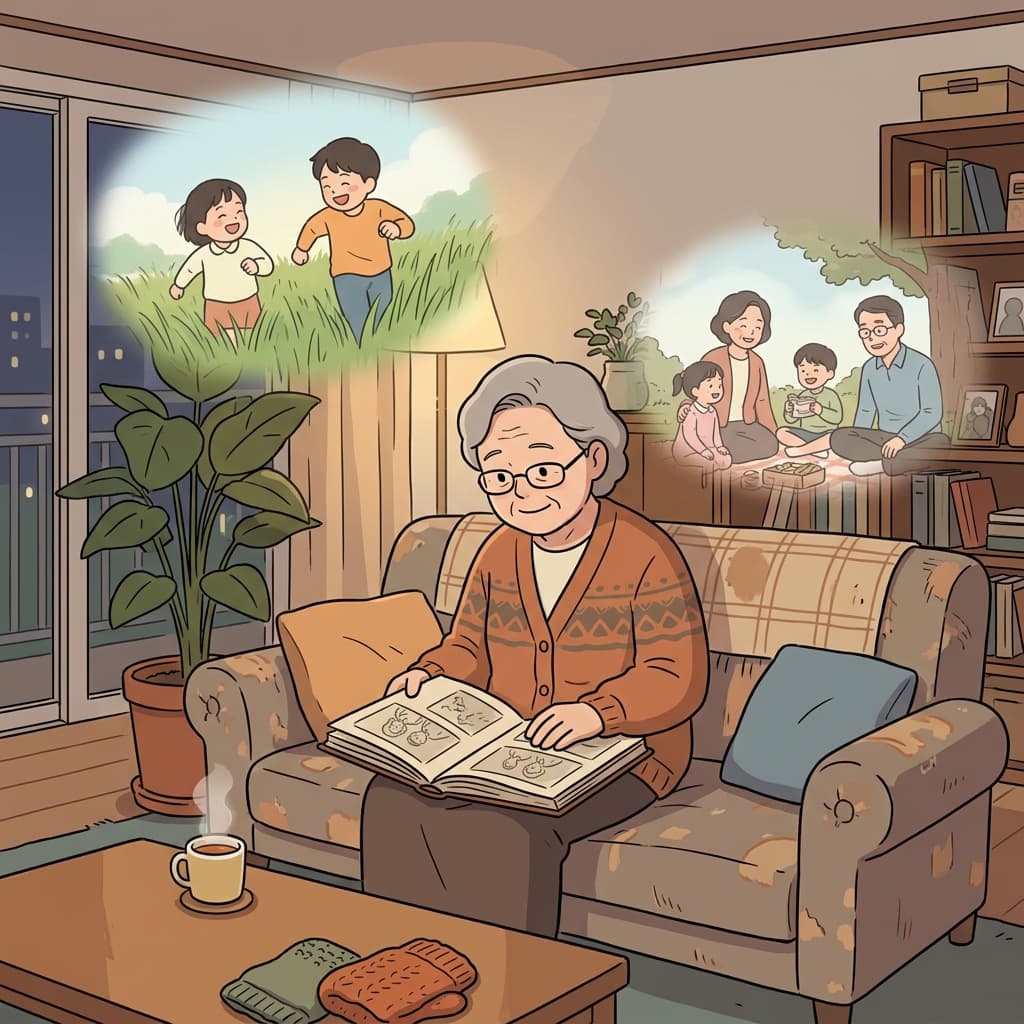 그녀는 오래된 사진첩을 보며 행복했던 어린 시절을 떠올렸다.