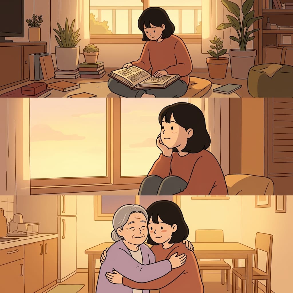 그녀는 어린 시절을 떠올리고, 그것을 되돌아본 뒤, 가족과 다시 가까워졌다.