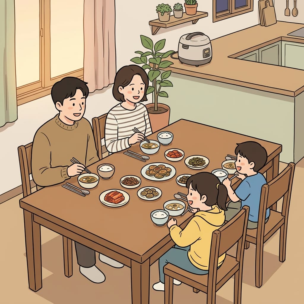 가족은 큰 직사각형 식탁에 둘러앉아 저녁을 먹었다.