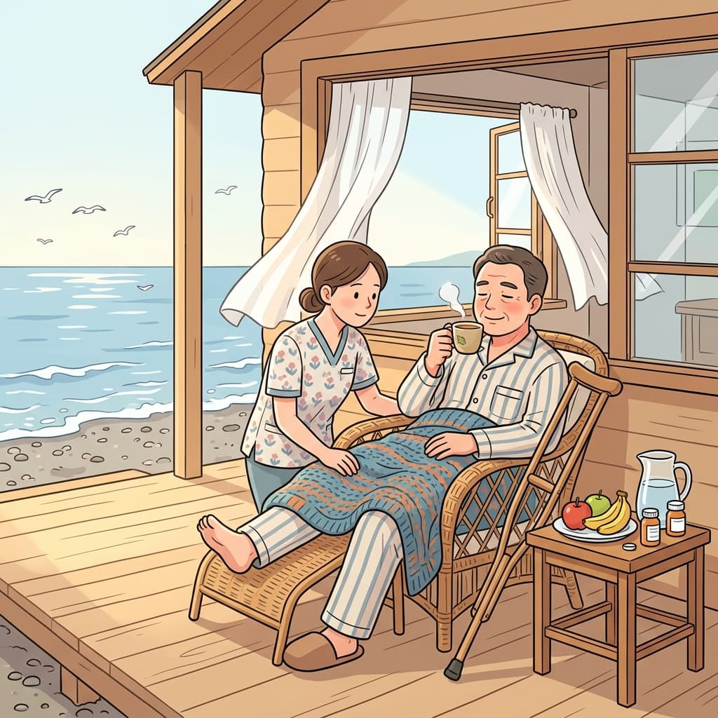 수술 후 그는 조용한 바닷가 오두막에서 회복 중이다.