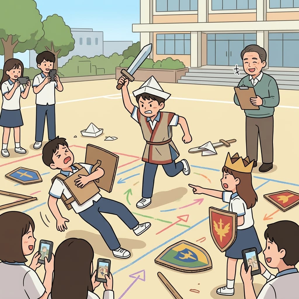 학생들이 역사 시간에 유명한 전투를 재현하고 있다.