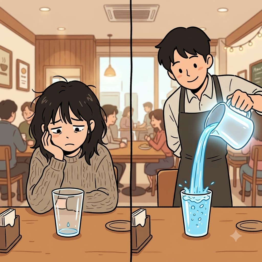 목마른 고객이 완전히 텅 빈 잔을 슬프게 응시한 반면, 친절한 웨이터는 물을 맹렬히 부어 그것을 다시 채웠다(refill).