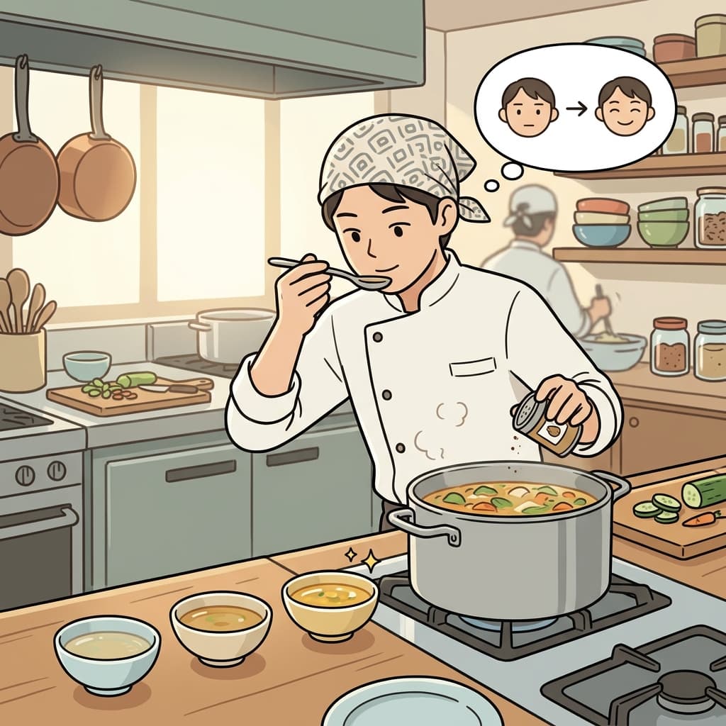 그 레시피는 꾸준한 개선을 통해 완성되었다. ("리파인!" → 계속 다듬어 더 좋아진다)