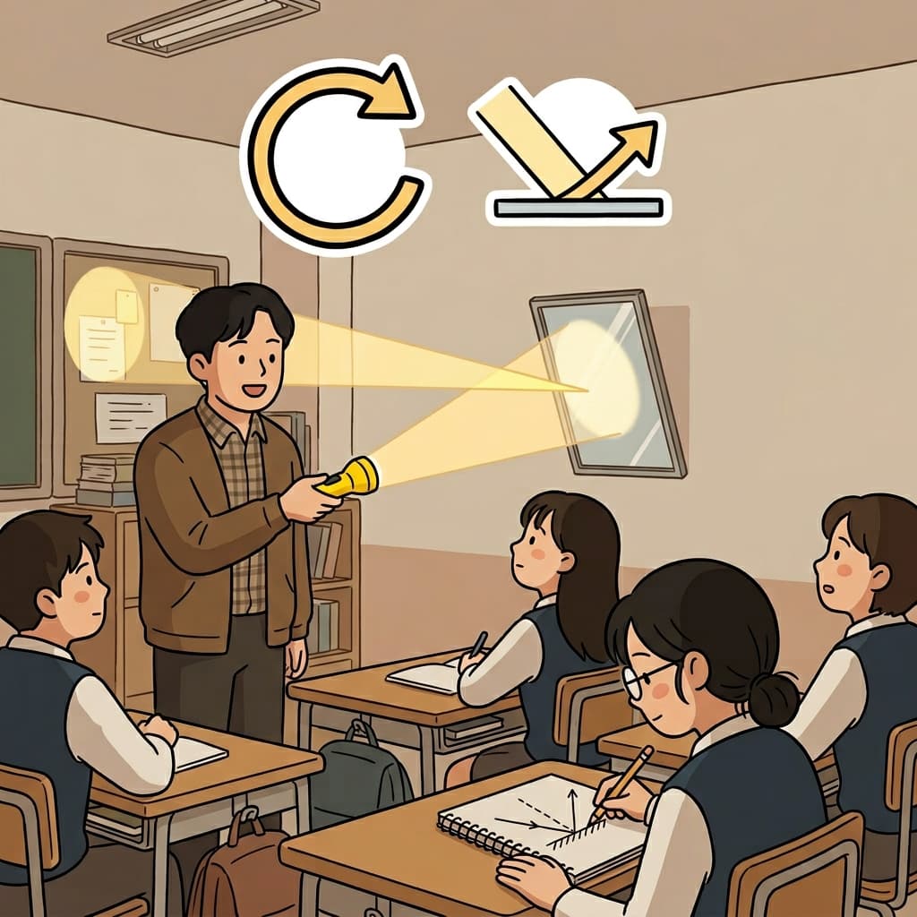선생님이 거울에 손전등을 비추자 빛이 벽으로 반사되었다.