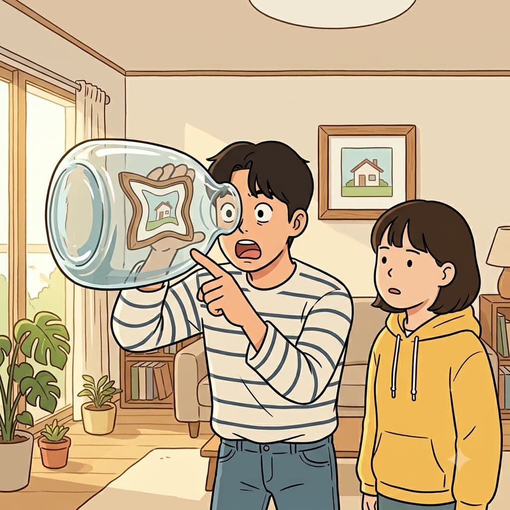 "네(re) 프레임(frac) 틀(t)어졌잖아(ed)!" 두꺼운 유리 꽃병을 통해 보자, 네모난 액자가 완전히 굴절되어(refracted) 보였다.