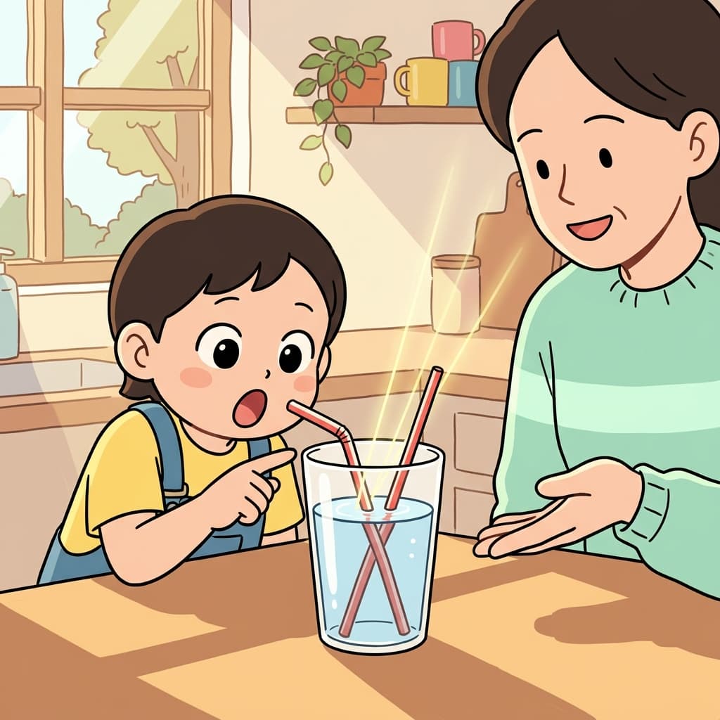 물 컵에 꽂힌 빨대가 꺾여 보이는 건 빛의 굴절 때문이다.