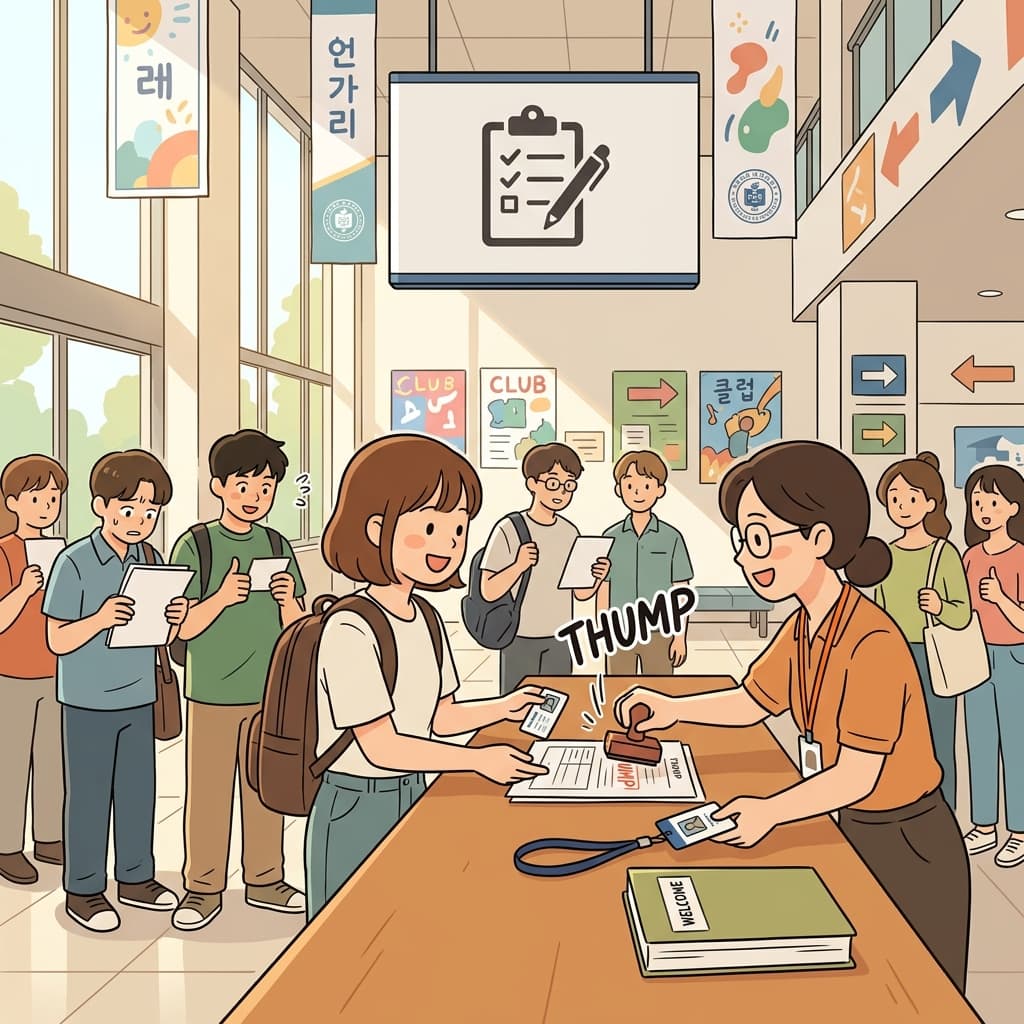 오리엔테이션 날, 그녀는 대학 접수처에서 등록을 마쳤다.