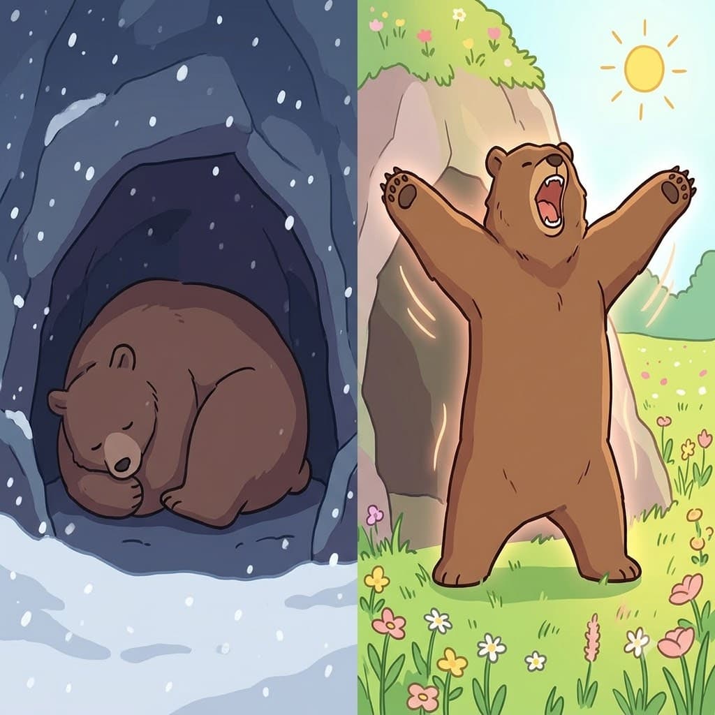 어두운 동굴에서 겨우내 잠을 자며 동면한(hibernate) 후, 곰은 따뜻한 봄 햇살 속으로 걸어 나와 완전히 활기를 되찾았다(rejuvenate).