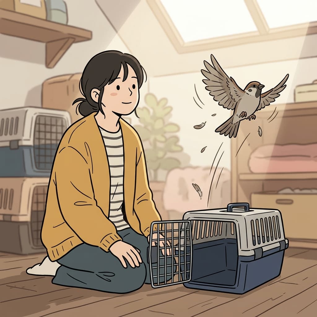 그녀가 풀어주었다 — 그리고 갇혀 있던 새가 곧바로 하늘로 날아올랐다.
