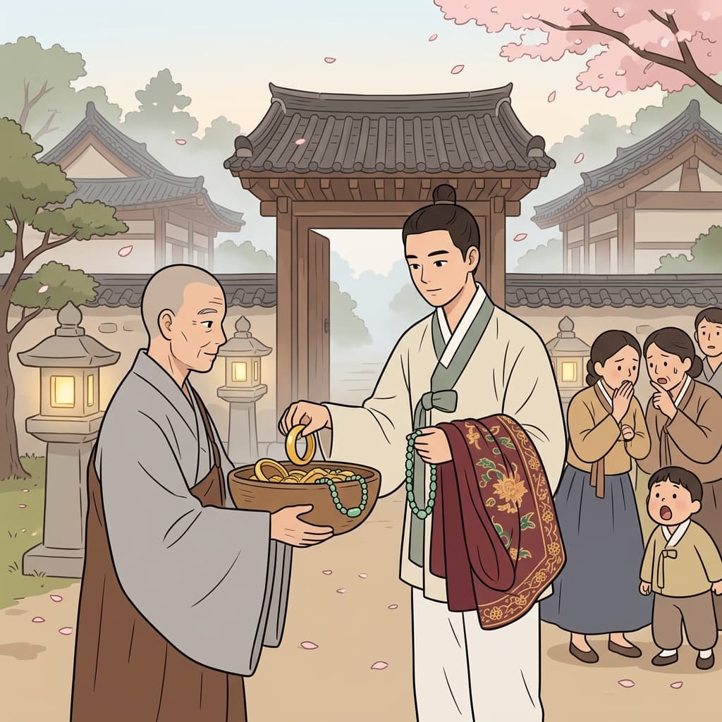 스님이 재산을 다 내려놓자 마을 사람들이 다 놀랐다.